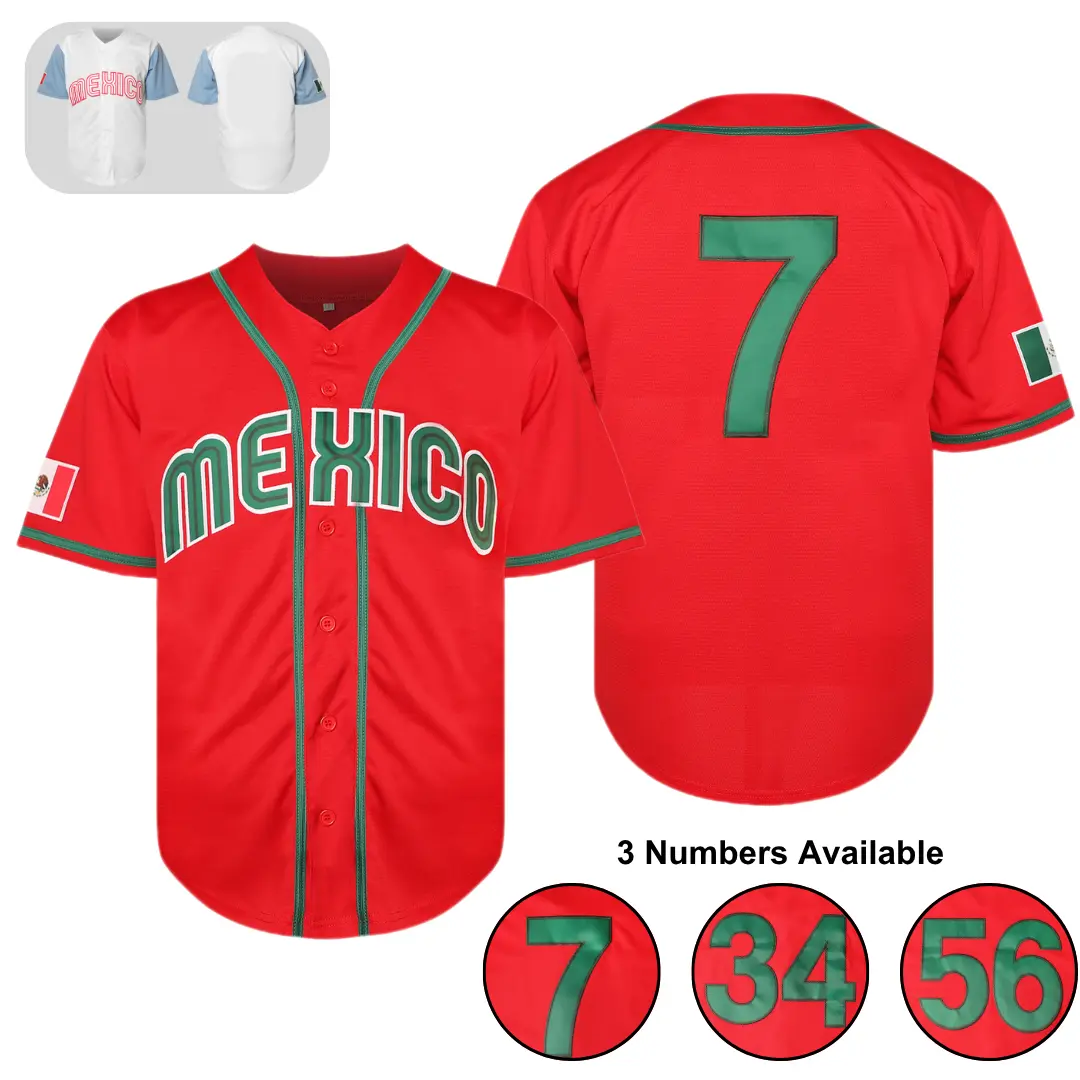 Red Mx Baseball Jersey (#7/#34/#56) - Embroidered Details, Flag Patch, Quick-Dry Breathable Polyester Mesh, Relaxed V-Neck Loose-Fitting Sporty Chic Sports Uniform, Machine Washable for Fans & Streetwear