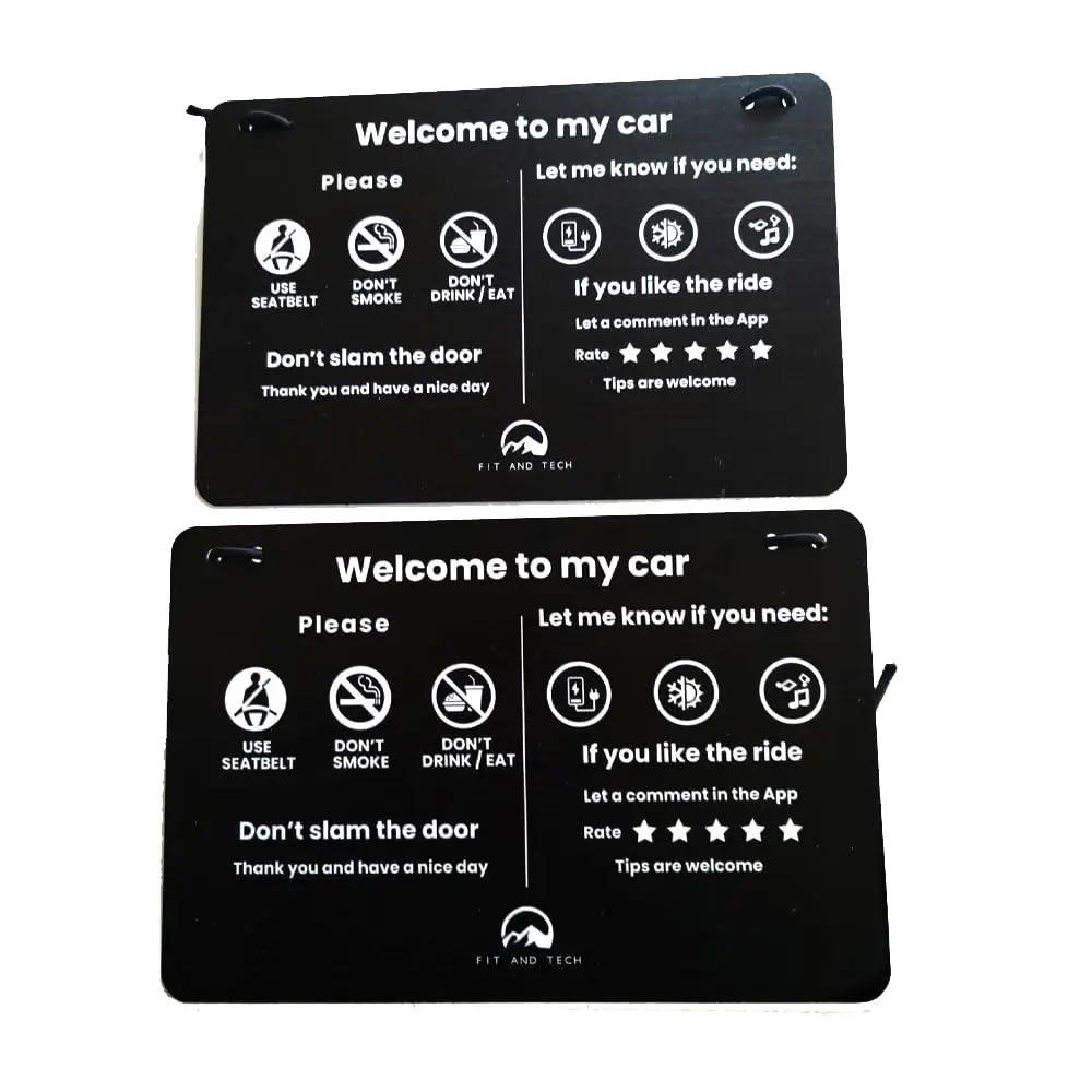 FIT AND TECH Pro Rideshare Signs, Use Seatbelt, Don't Smoke, Don't Drink/Eat, Tips, Five stars, Accessories rider-share sign for Driver Size 9x6in (230x152mm) (Pack: 2 signs + 6 Window Stickers) Adhesive Vinyl Decal Lettering