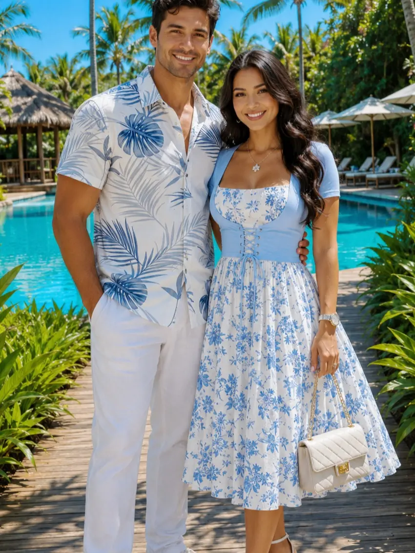 Dresslily 2026 Chic Tropical Print Couples Clothing Set - Lightweight, Soft, Breathable, Comfortable Fabric Elegant Fitted Beach Midi Dress Outfit for Travel, Weddings