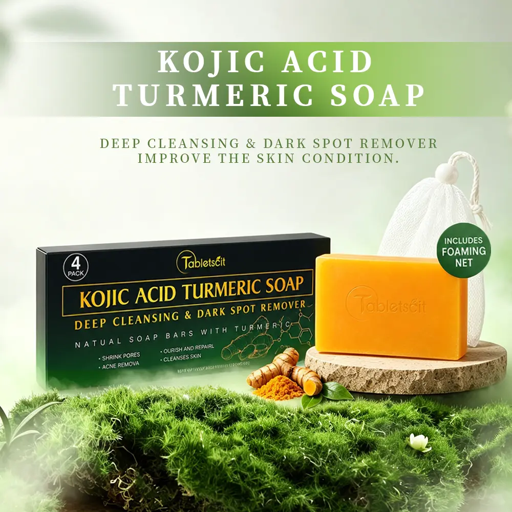 [Viral 4-Pack] Kojic Acid Turmeric Soap (Body Care Brightening Soap) for Dark Spots, Acne Treatment, Hyperpigmentation - Moisturizing Cleansing Bar with Free Foaming Net (Face & Body, Biodegradable)