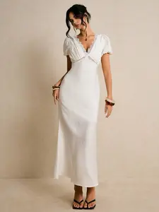 Women's White Lace-Trim Puff-Sleeve Wrap Maxi Dress – Romantic Cottagecore Summer Bridal Gown White Lace Dress Cottagecore Maxi Dress Romantic Summer Dress Bridal Shower Outfitboho W Edding Guest Dress Solid Color Lace Trim V-Neck Short Sleeve Dress White