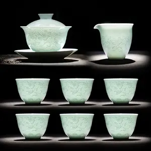 Jingdezhen Factory Shadow Blue and White Porcelain Wrapped Lotus Tea Bowl and Cup Set In Stock Office Ceramic Matcha Tea Set Dinnerware Sets