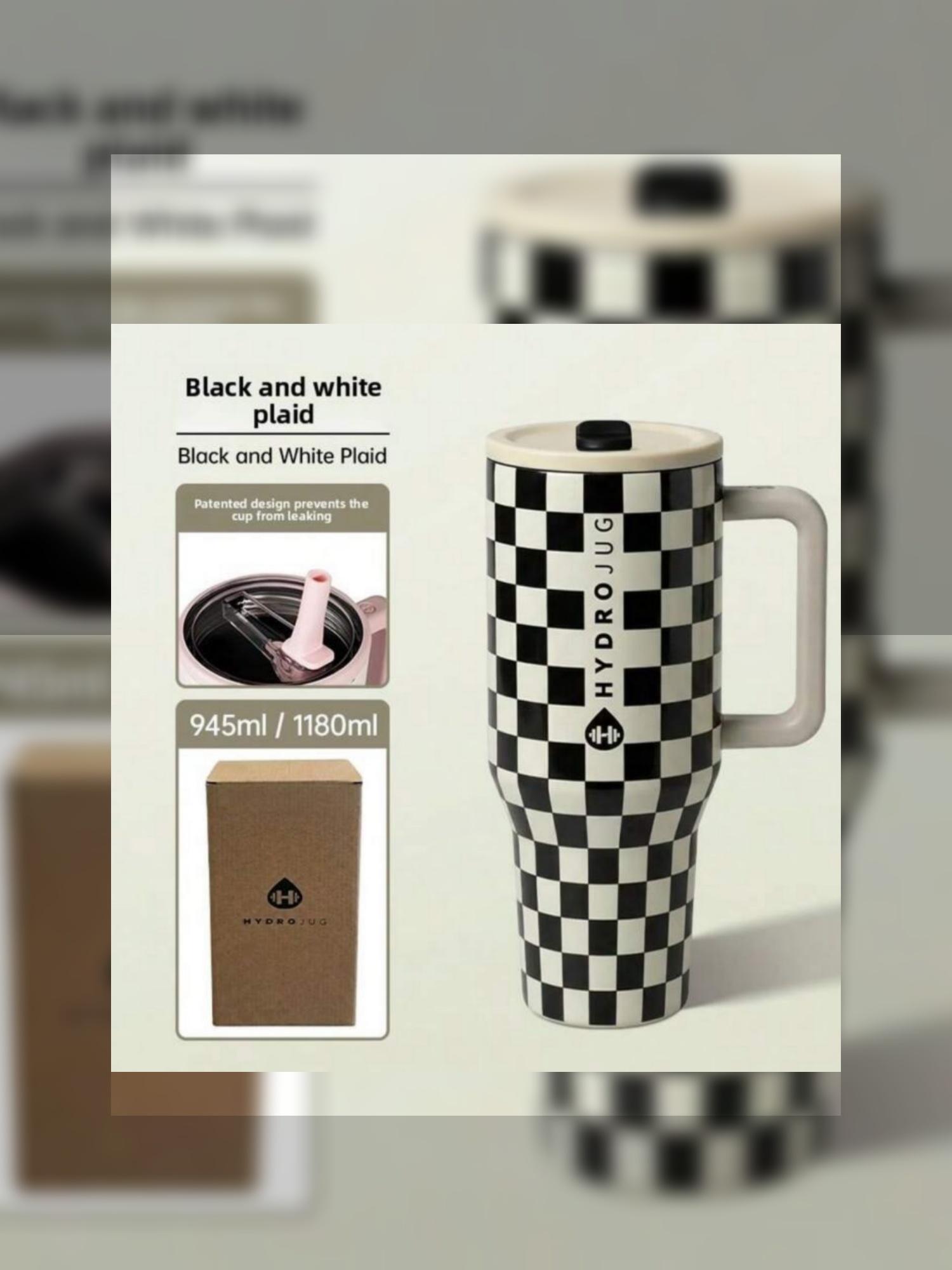 Hydrojug Black and White Check Pattern Insulated Cup 40 Ounces Double-Layered Stainless Steel Flip-Lid Stainless Steel Water Bottle - Suitable for commuting, office use, outdoor activities and school trips.