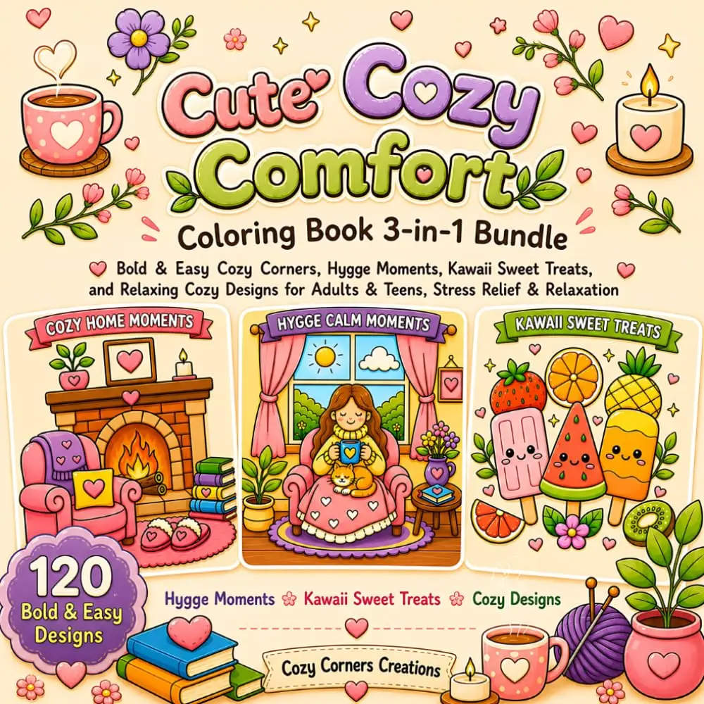 Cute Cozy Comfort Coloring Book 3-in-1 Bundle: Bold & Easy Cozy Corners, Hygge Moments, Kawaii Sweet Treats, and Relaxing Cozy Designs for Adults & Teens, Stress Relief & Relaxation