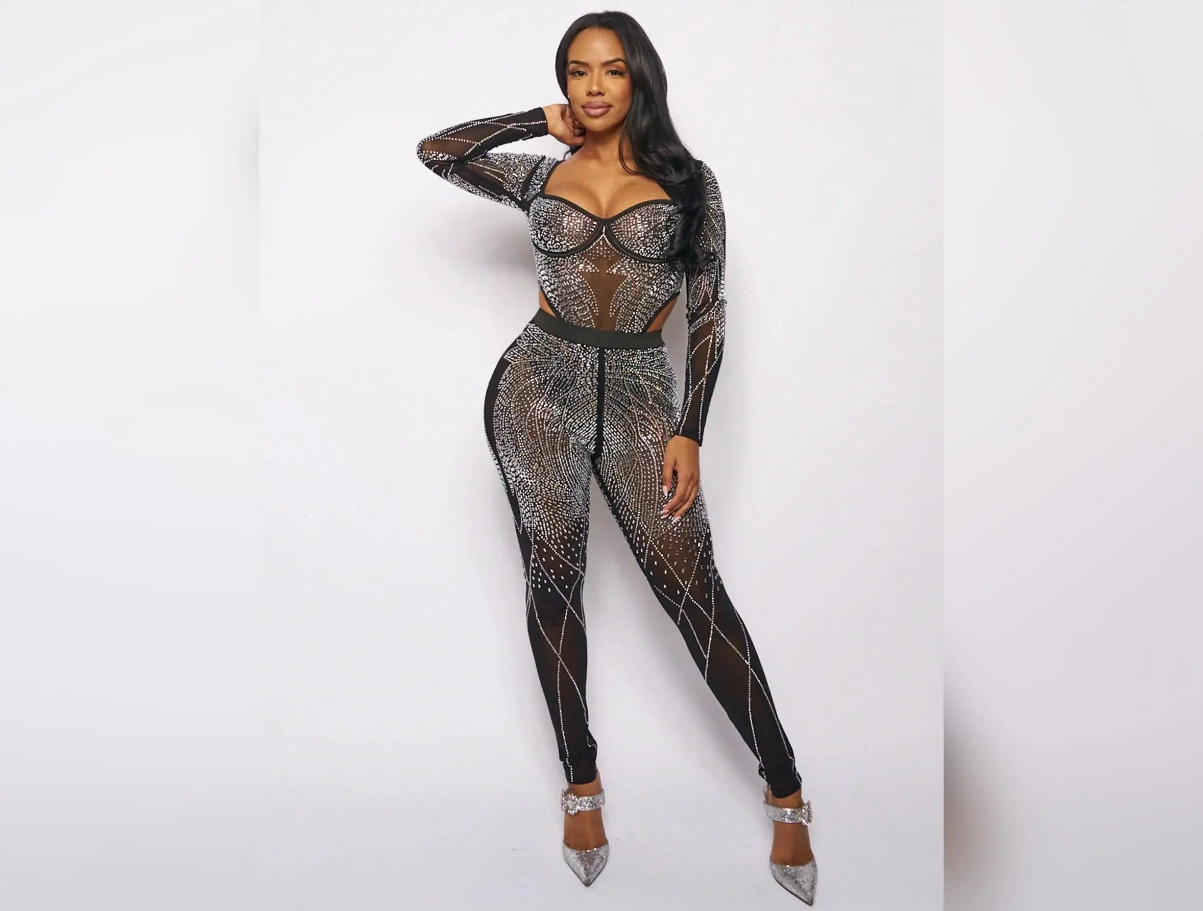 Gorgeous Rhinestone Embellished Semi-Sheer Jumpsuit, Sexy One-Piece Party Suit, Perfect For Parties And Nights Out