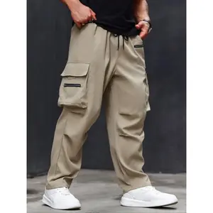 【plusSize】SolidPocketDrawstringWaistCargoPants,CasualStreetZipperDesignTrousersforDailyWear,Men'sBottomsforAllSeasons,ComfyPants