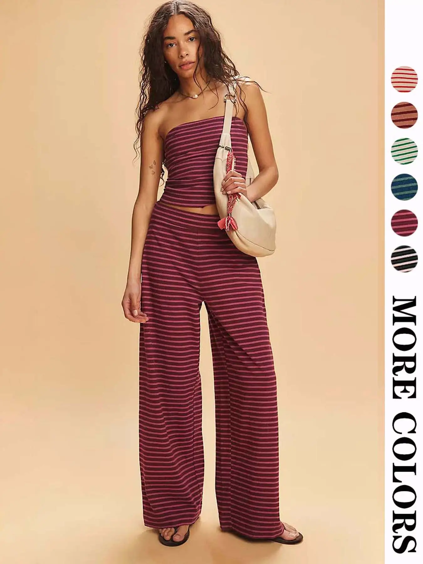 Women's Striped Print Crop Tube Top & Wide Leg Pants Set, Street Fashion Casual Two-piece Set for Daily Wear, Ladies Summer Clothes, Cute Summer Outfi