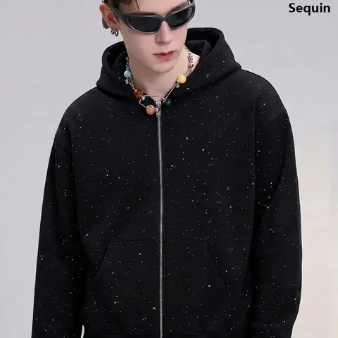 TELLFUN 2026 New Men's Sequined Oversized Loose Hooded Sweatshirt - Long Sleeve Zipper Hoodie with Pockets, Casual Streetwear for Daily Wear & Casual Party, Fall Menswear Tops