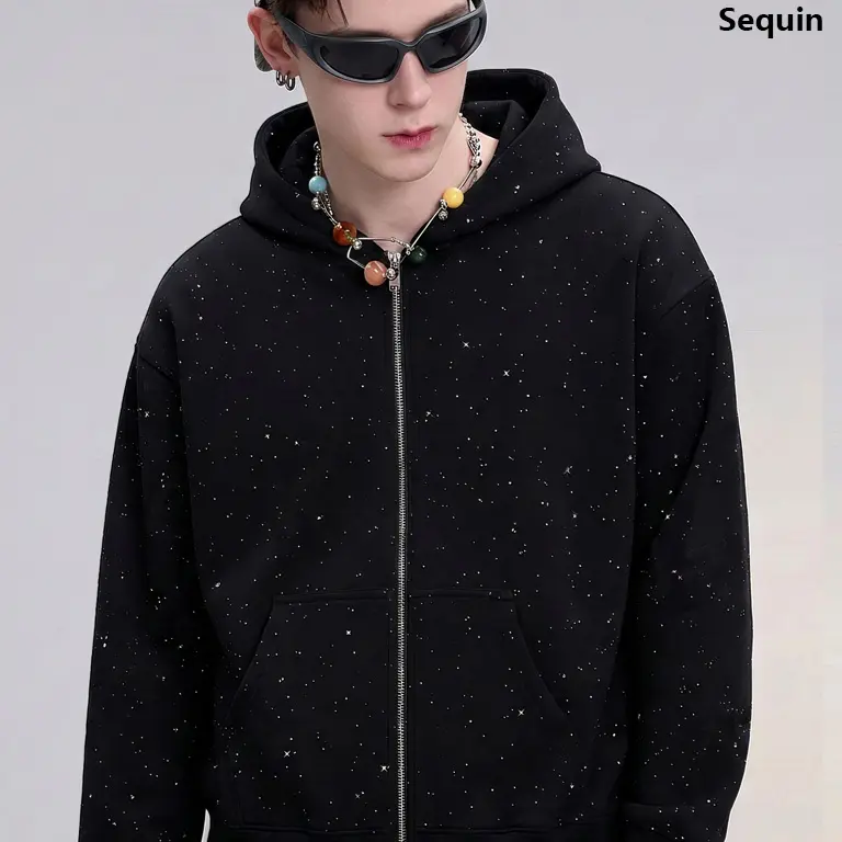 TELLFUN 2026 New Men's Sequined Oversized Loose Hooded Sweatshirt - Long Sleeve Zipper Hoodie with Pockets, Casual Streetwear for Daily Wear & Casual Party, Fall Menswear Tops