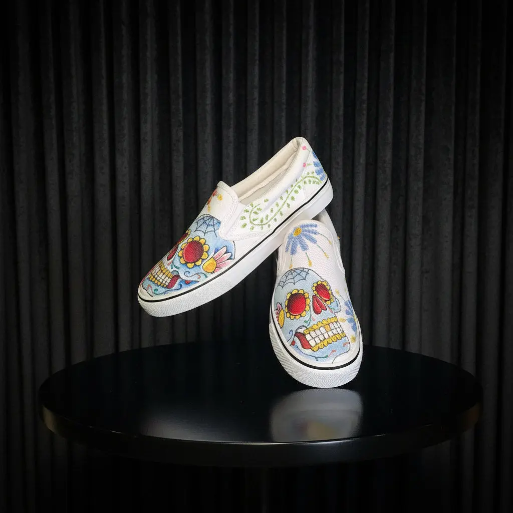 Women's Casual Slip-On Shoes - Day of The Dead Embroidery, Custom Hand Drawn, Designed by Artist Ernie Moreno, Tattoo My Shoes, Size M10.5