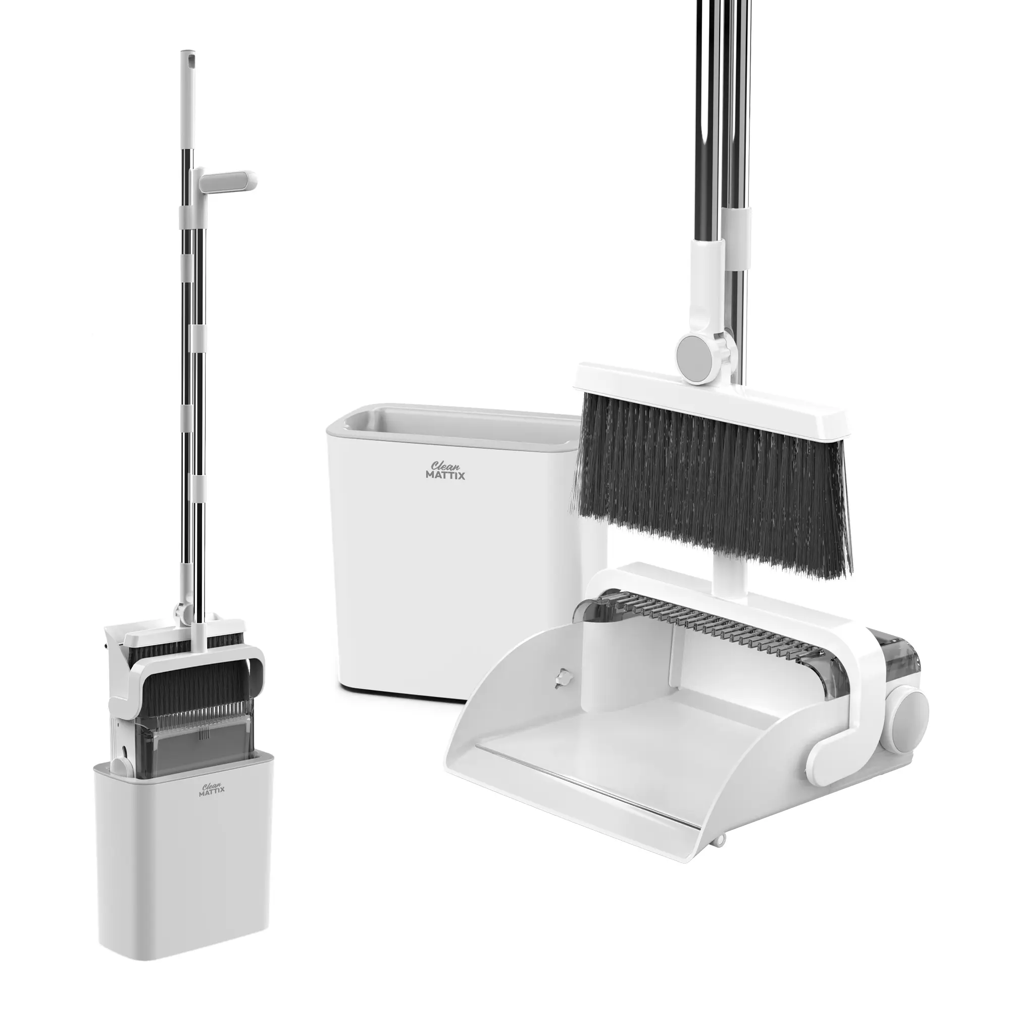 CleanMattix DustDock 3-in-1 Broom & Dustpan System with Adjustable Handles Foldable Dustpan for Compact Storage and Corner Reach Durable Construction for Daily Use