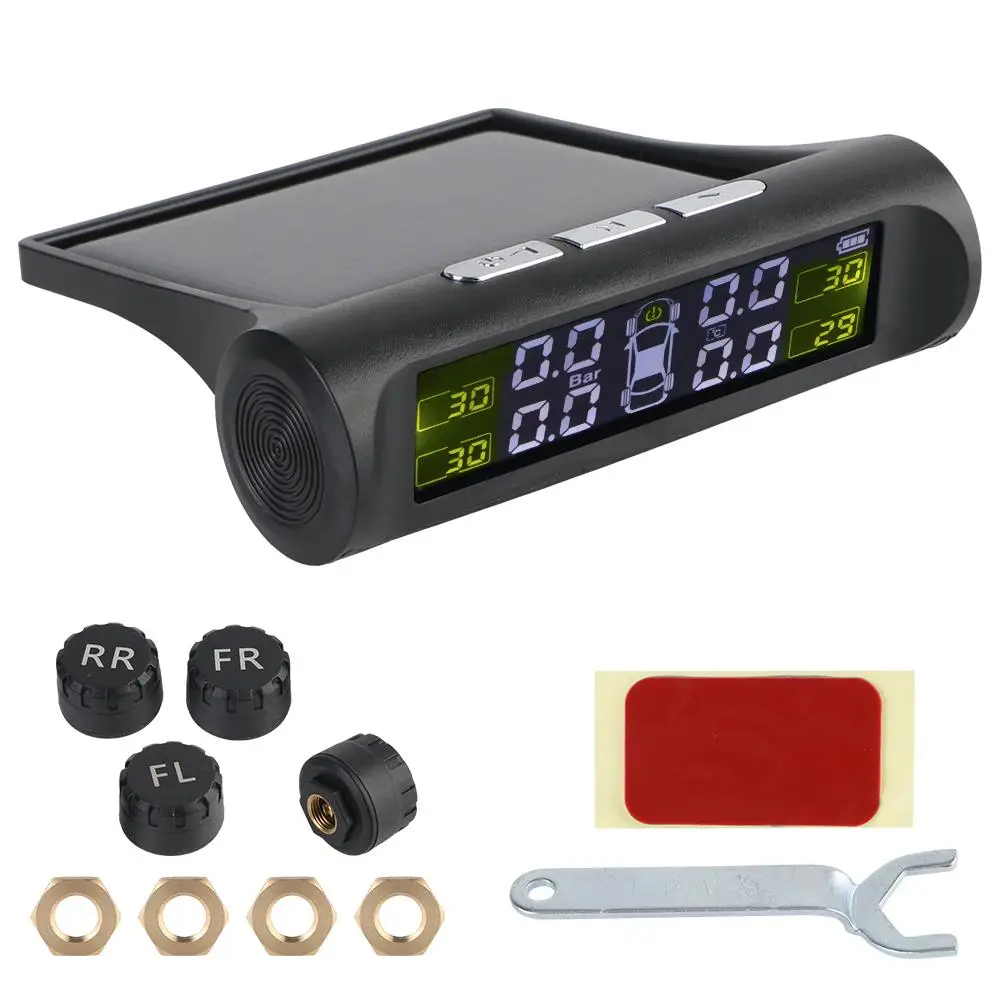 Solar Powered Car Tire Pressure Monitoring System, Digital LCD Display with 4 External Sensors, Tire Diagnostic Tools Kit, Vehicle Accessories, Auto P