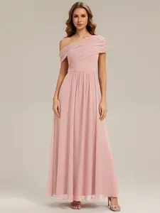 Ever-Pretty 2026 New Trend Asymmetric Off-Shoulder Chiffon Bridesmaid Dress with Gathered Detail and Natural Waist for Wedding Party