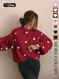 Women's Colorblock Heart Print Crew Neck Sweater, Casual Long Sleeve Jumper for Winter, Fashion Women's Knitwear for Daily Wear