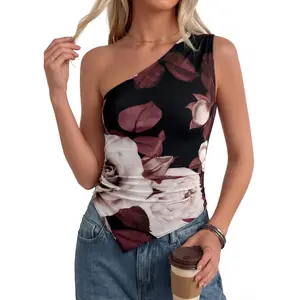 PrettyGarden Women's One Shoulder Asymmetrical Top Floral Mesh Y2K Going Out Tops&Shirt Summer Spring Vacation Clothes