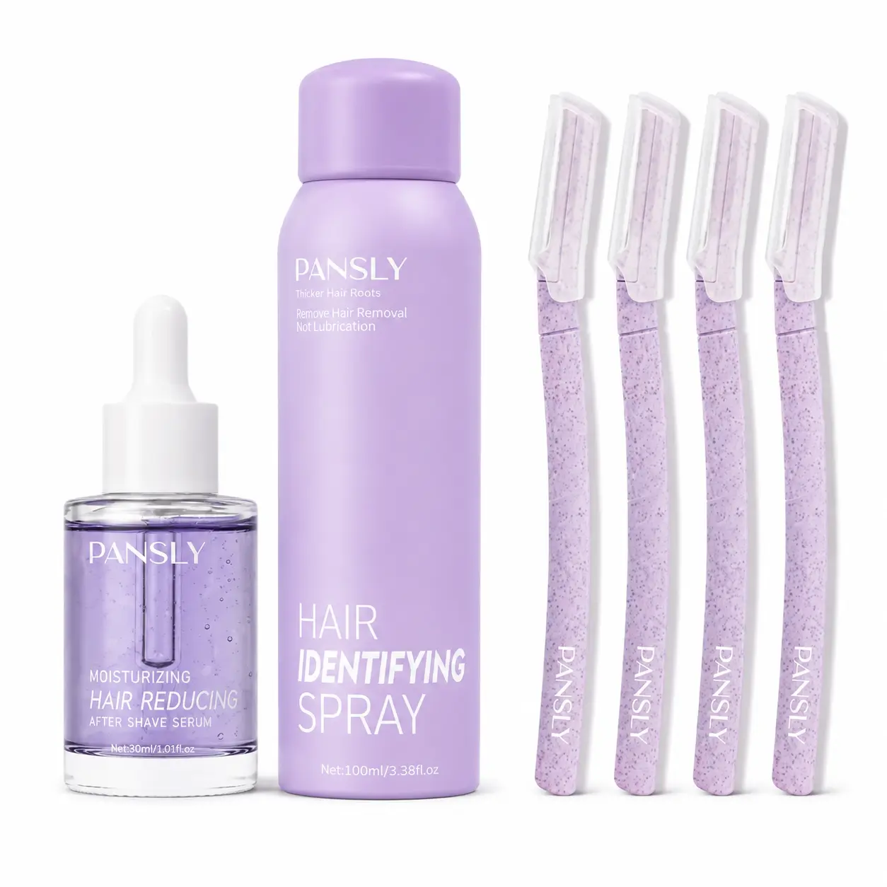 PANSLY Women's Facial Hair Remover Kit - Plant-Based Cosmetic Set with 100ml Hair Identifier Spray, 30ml Moisturizer After-Shave Serum, 4 Precision Razors for At-Home Dermaplaning Grooming