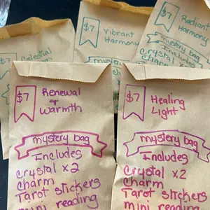 Tarot and Crystal Mystery Bag - Includes Crystal Pieces, Charm Stickers, Mini Reading, Renewal Warmth & Healing Light