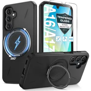 for Samsung Galaxy A16/A17 5G Phone Case with 360 °   Kickstand Ring & Tempered Glass Screen Protector [Compatible with MagSafe], Dual-Layer PC & TPU Shockproof Bumper Case for A16 5G/A17 4G 5G Black