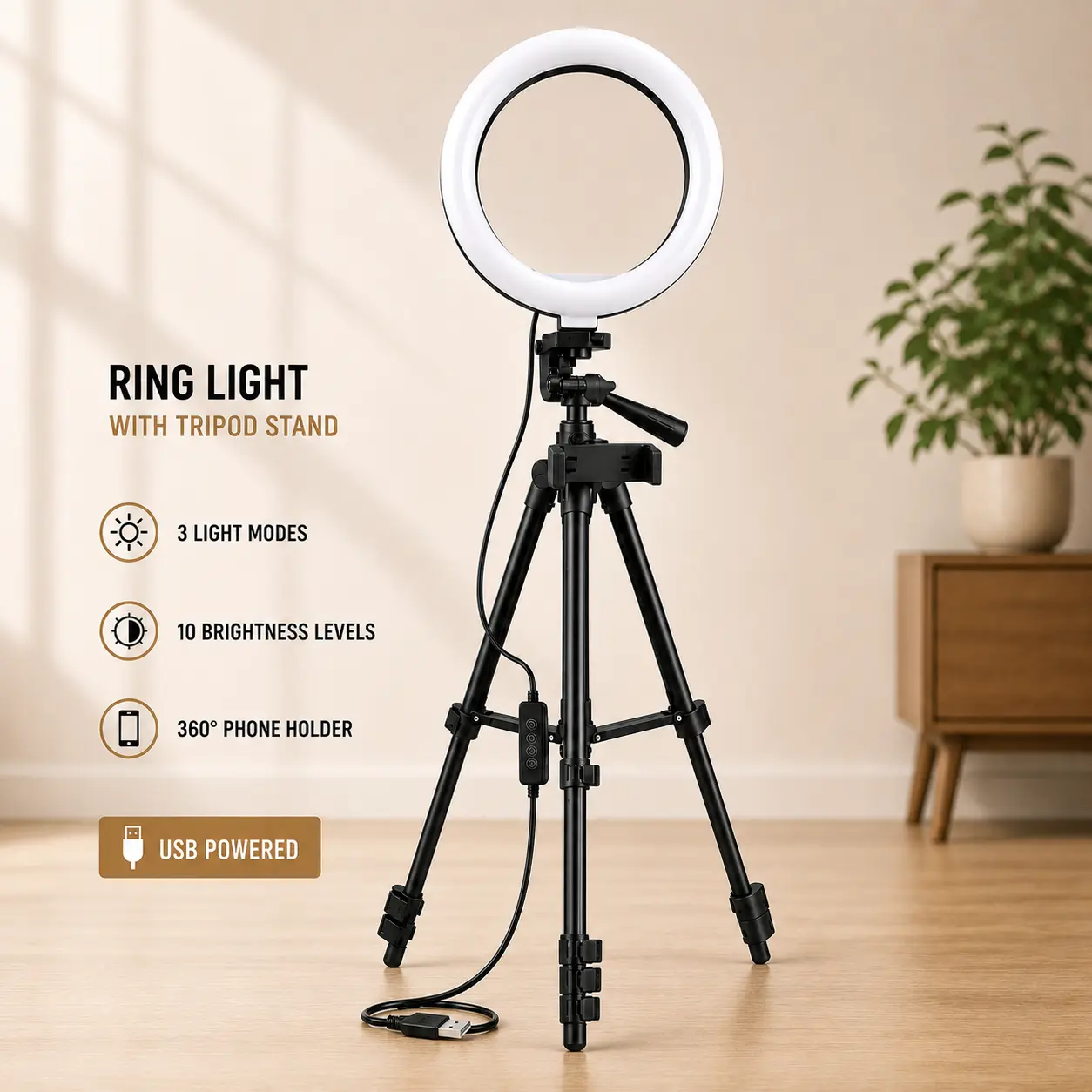 10 Inch LED Ring Light Kit for Content Creation, Product Photography and Live Streaming, Adjustable Tripod, Phone Mount, Remote Shutter, 3 Color Modes, USB Powered