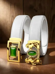Gorgeous gold alloy automatic buckle belt, inlaid with green artificial gemstones, rhinestone decoration, double horse relief, matched with a 1.38in/3.5cm wide white ratchet belt, Length can be trimmed, perfect accessory for dance parties.