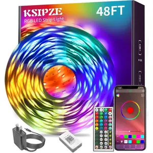 KSIPZE Led Lights for Bedroom 48ft Led Strip Lights with Remote RGB Color Changing Music Sync Bluetooth Smart App Control for Room Bedroom Lighting Flexible Home Décor