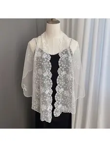 Spring and Summer New Arrival Lace Flutter Ribbon Women's Sweet and Elegant Rhinestone Pearl Scarf with Crochet Embroidery Design Sense Neck Scarf