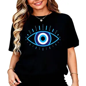 Greek Evil Eye Graphic T-Shirt by Elegant Piece Stylish Black Protection with Blue Eye Design Soft and Breathable for Everyday Use Machine Washable Workout T-Shirt Woven Textured Evil Eye Design Cotton Fabric Summer Top Womenswear Clothes