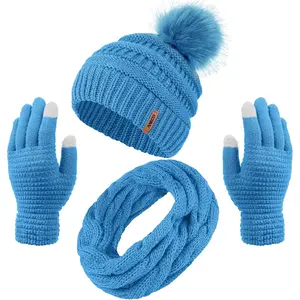 Aneco Womens Winter Warm Sets Knitted Fur Pompoms Beanie Hat Circle Loop Scarf Touch Screen Gloves Winter Favor Accessories Aneco