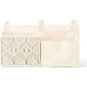 Mkono Bedside Caddy Hanging Organizer, Bunk Woven 7 Pockets Bed Storage Bag Boho Remote Magazine Books Holder with Macrame for Loft Bed College Dorm Bedroom Bed Rails, Ivory