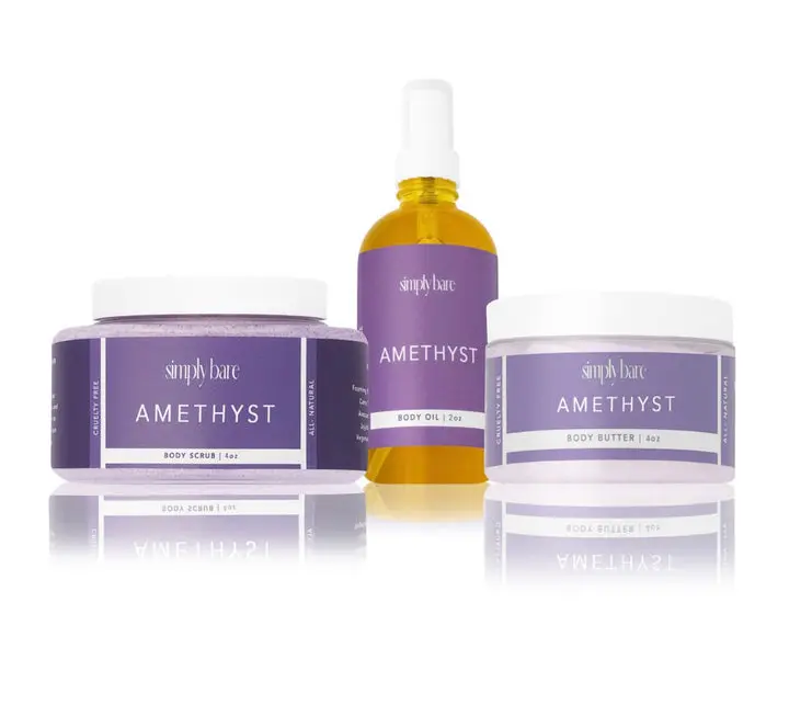 Simply Bare Amethyst Body Care Bundle – Melon, Fressia & Plum Scent | Body Butter, Body Oil & Exfoliating Scrub for Soft, Hydrated, Glowing Skin