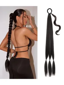 Three-Strand Long Braided Ponytail Hair Extension, Smooth Straight Synthetic Fiber Clip-In, Women's All-Season Hairpiece