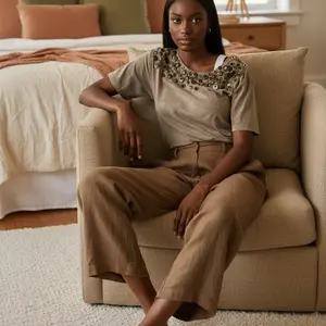 Ladies SS Off-Shoulder Embellished Tee with Elegant Beading and Comfortable Fit for Everyday Wear