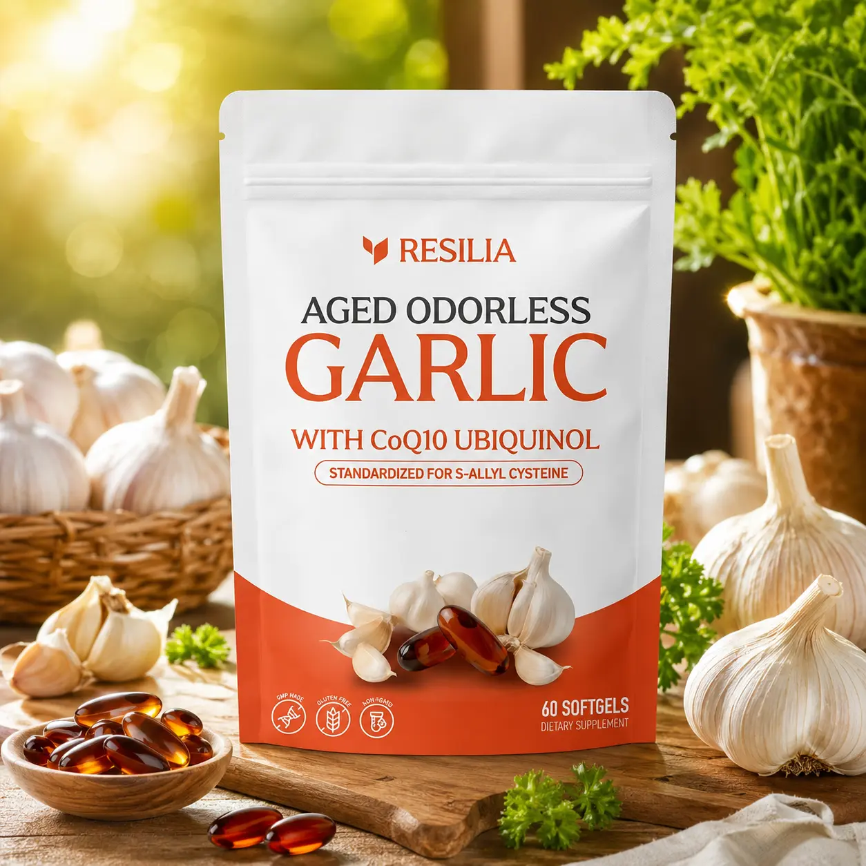 Resilia Aged Garlic Extract Softgels 600mg Per Serving with CoQ10 Ubiquinol & Vitamin K2 MK-7, Odorless Garlic Supplement, 60 Softgels