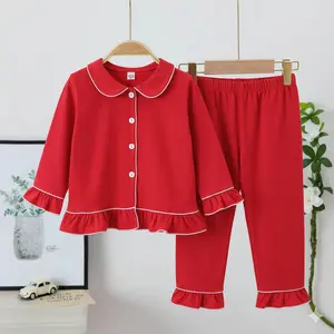 Baby Girl 2-Piece Patchwork Pajama Set - Long-Sleeve Lapel Red Top with Ruffle Hem and Buttons, Matching Pants