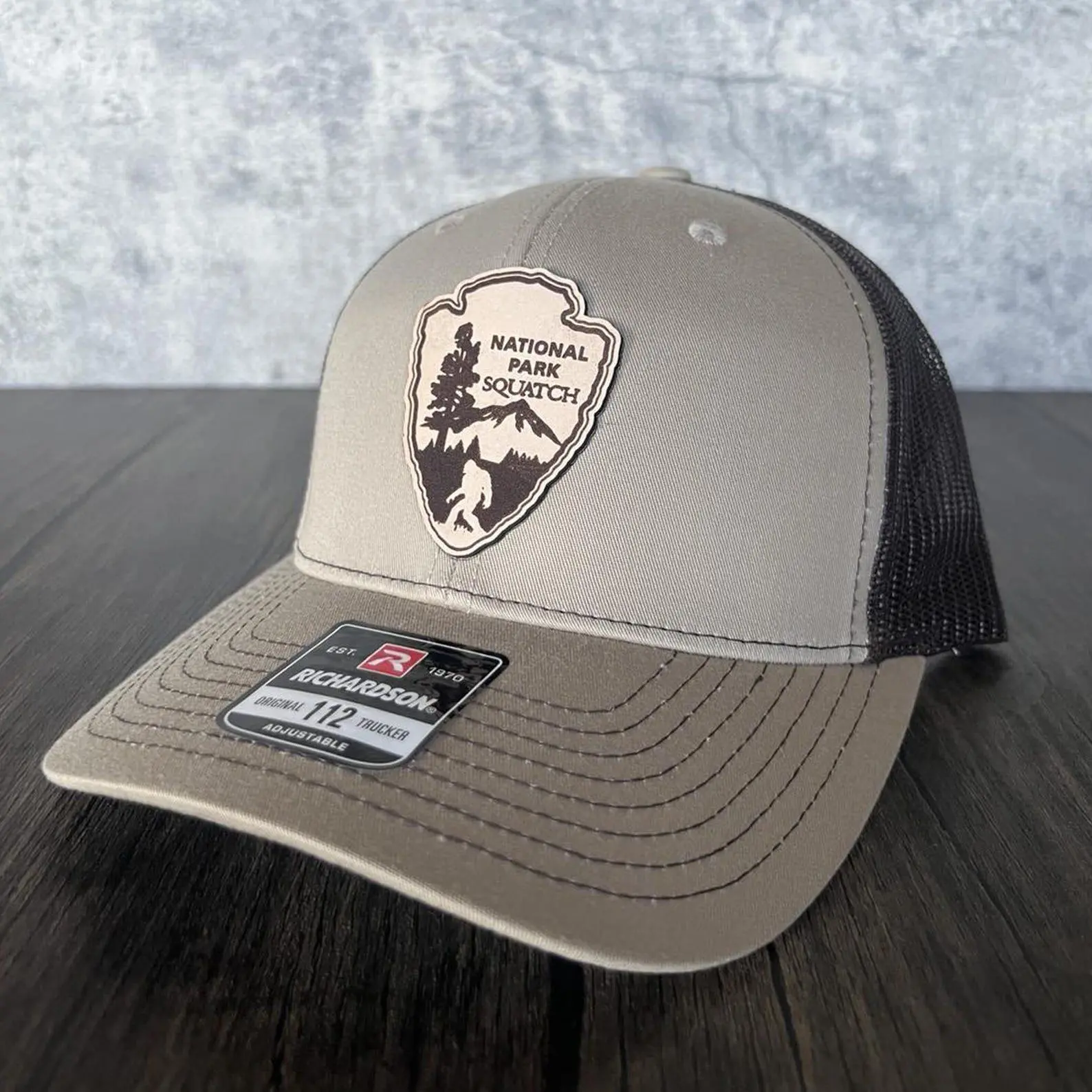 Bigfoot Forest Trucker Hat – Outdoor Adventure Cap, Richardson 112, Leather Patch Gift for Him