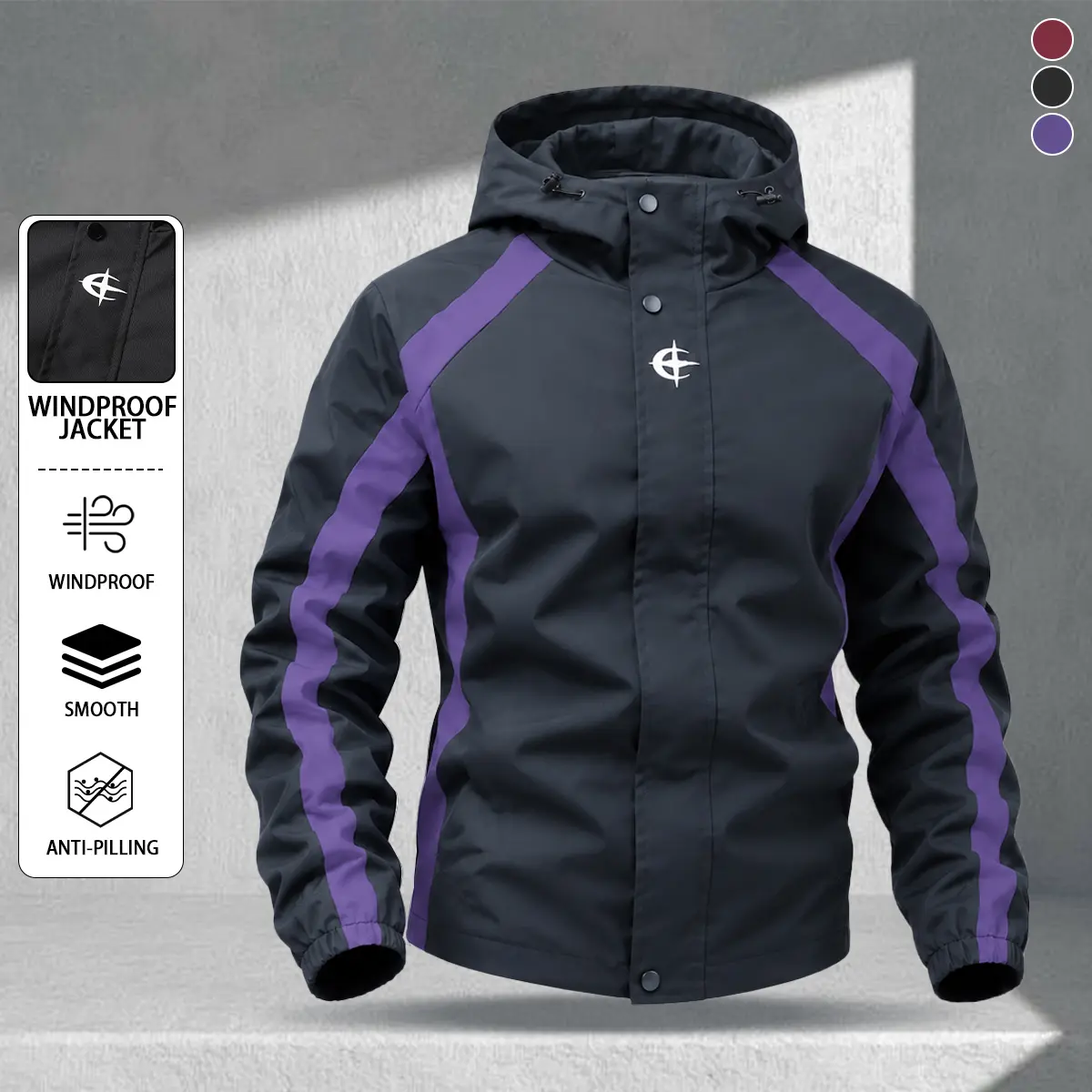 All-weather hooded hardshell jacket for urban commuting, dark black main body with purple color-block accents, lightweight water-resistant fabric, slim fit that flatters the figure, versatile business-casual outerwear for young and middle-aged adults.
