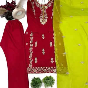 Chinon silk with heavy embroidery sequence work three pcs kurta set