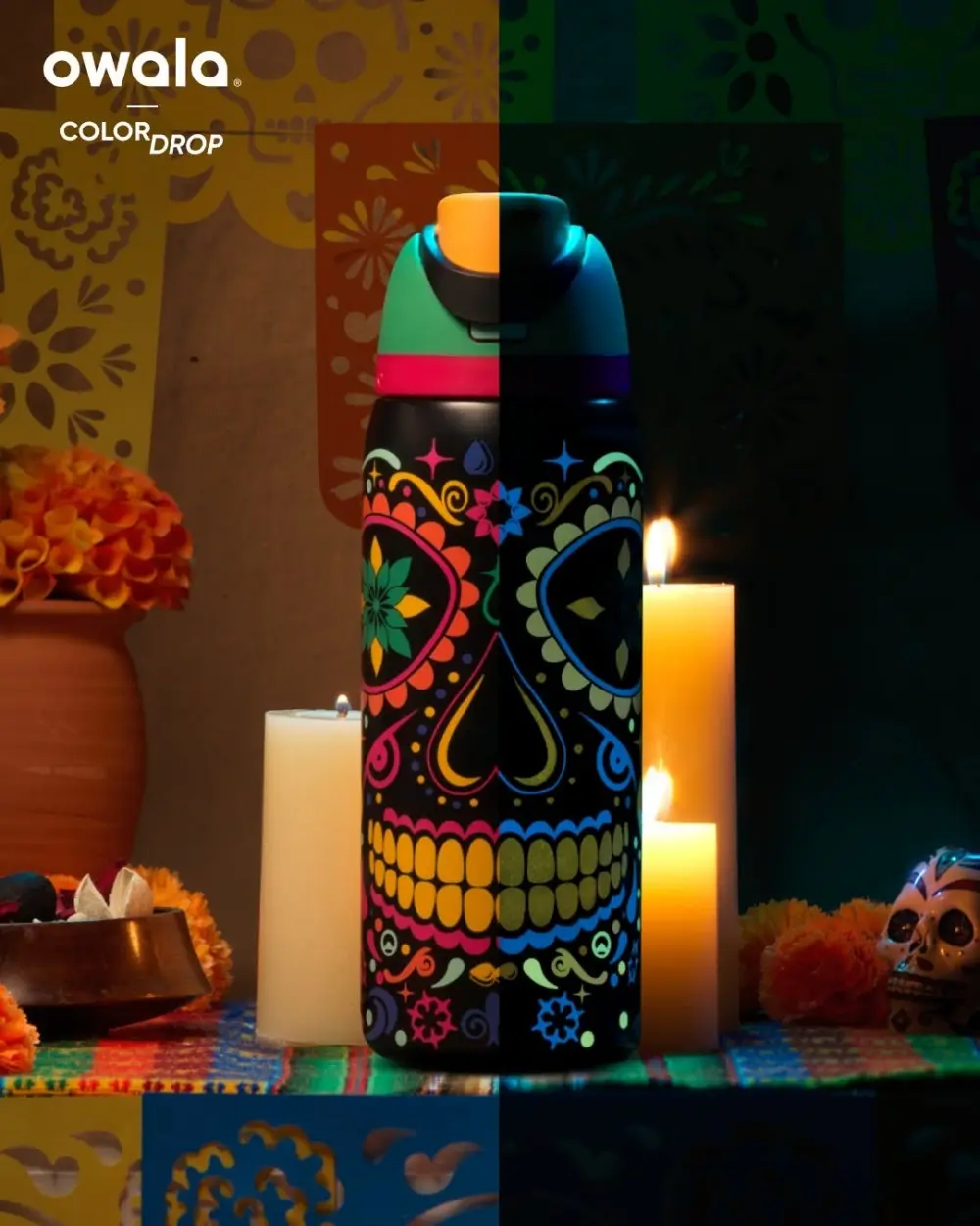 Owala Luminous 32oz Colorful Insulated Water Bottle - Stainless Steel Leak-Proof Portable Flask, Mexican Day of the Dead Design, 500-1000 ml, for Kitchenware Drinkware Use, Insulated Water Bottles