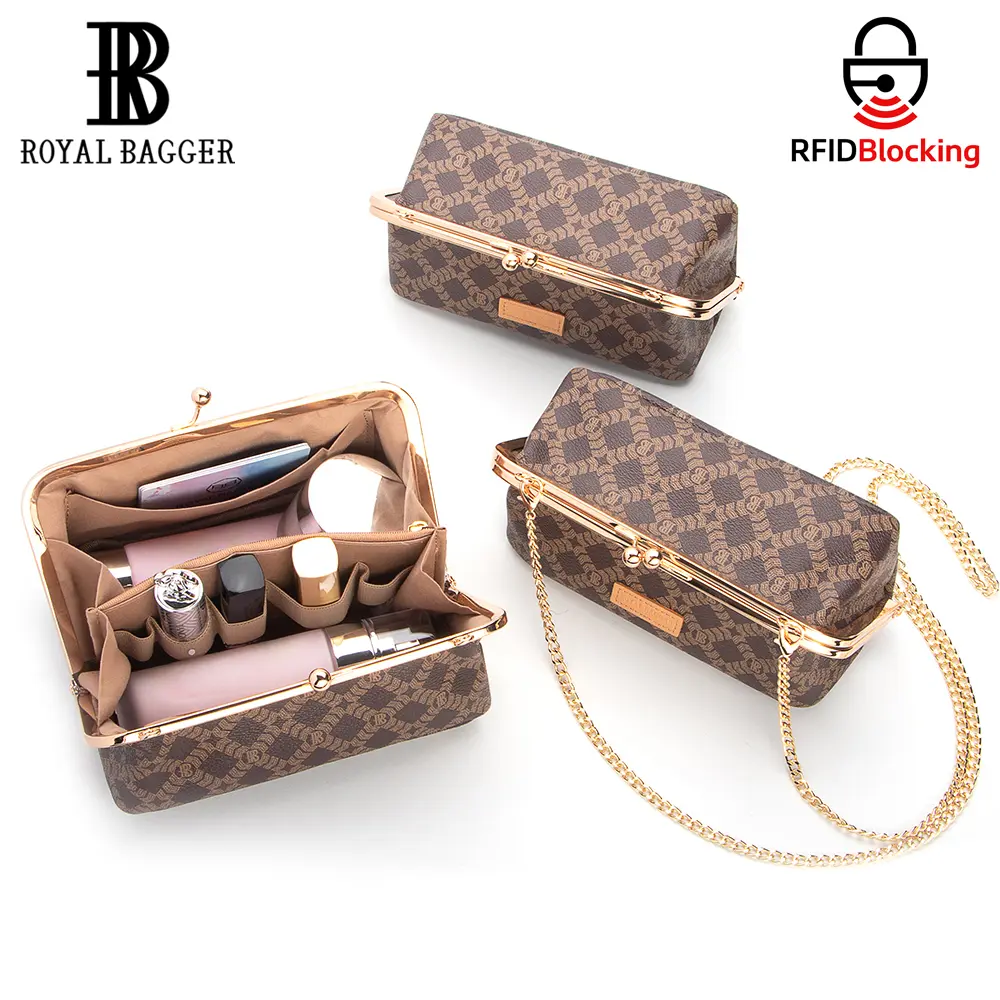 Royal Bagger Women's Handbag, Vintage Frame Purse with Kiss-Lock Clasp in Signature Canvas & Vegetable-Tanned Leather, Chain Shoulder Bag, Chain Messenger Bag, Handbag Shoulder Purse, Crossbody Shoulder Bag
