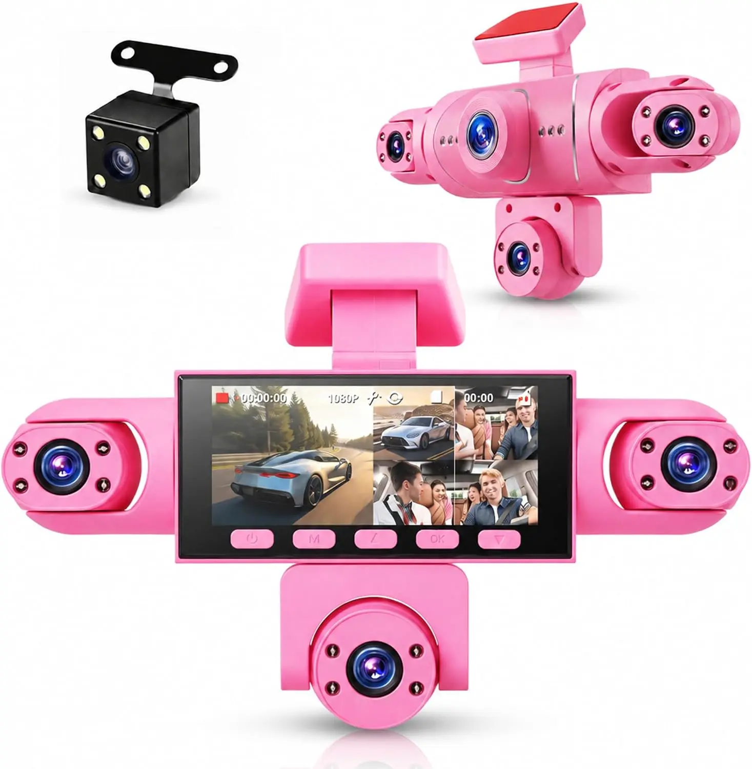 Rimoody 5-Channel Dash Cam with Front and Rear Dual Lenses, 1080P, 360° Panoramic View. Features loop recording, motion detection, reverse parking assist, 170° wide-angle lens, and 24-hour parking monitoring. Easy to install and plug-and-play. Not recharg