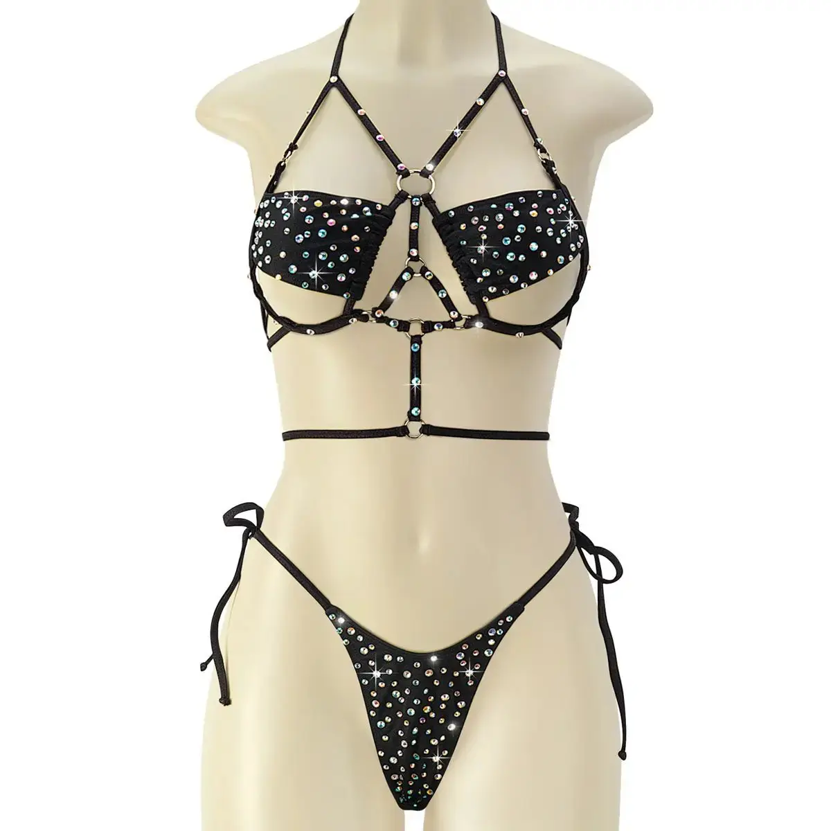 Pleaser Raven-05RS Women's Rhinestone Caged Harness Two-Piece Dance Set Black