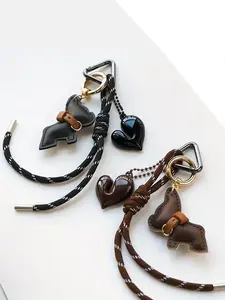 Retro Brown-Black French Bulldog Puppy Heart Pendant | Braided Rope, Triangle Buckle Design, Pu Cute Pet Decoration, Suitable For Bags And Keys, Keychain Kawaii, Sweet And Cool Girl Daily Commute/Outfit Accessory