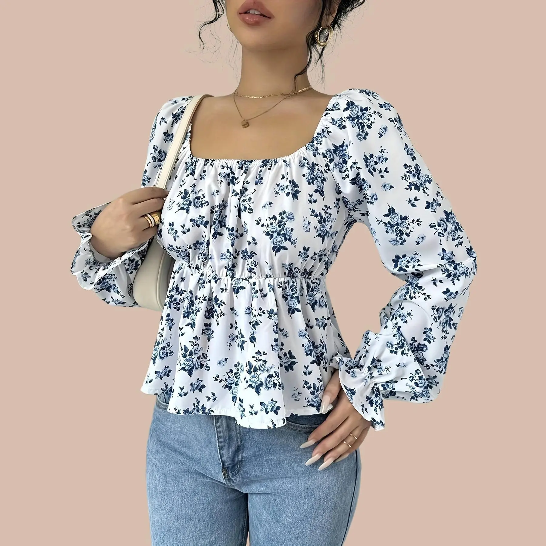 Lady's Spring Soft Fabric Long Sleeve Blouse - Back Strap, Tie Bow, Lantern Sleeve, Print Design, Chic Elegant Fit, Breathable Basic Casual Bohemian Feminine Women's Day Essential Top, Bohemian Style, Comfy Casual, Bishop Sleeves