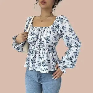 Ladies Spring Back Strap Tie Bow Top Stylish Blouse for Women Fashion Trendy Shirt Lantern Sleeve Top Breathable Womenswear Basic Casual Chic Elegant Fit Day Essential Bohemian Feminine