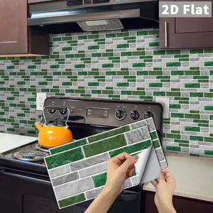 6/12/24/48PCS/Box FG Retro Green Grey Mosaic Peel and Stick Tile, PVC Crystal Film Marble Look Waterproof Oil-Proof Removable Wall Sticker for Kitchen Bathroom