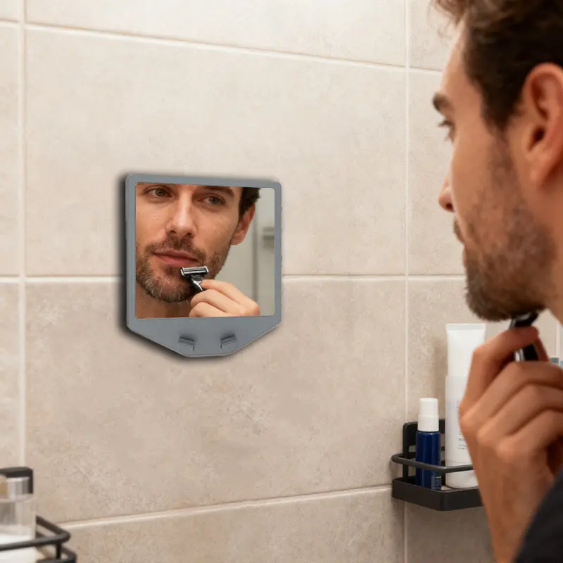 Shower Mirror for Shaving, Square Mirror, Silicone Razor Holder, Anti-Fog Bathroom Makeup Mirror, Adhesive Wall Mount, Detachable Reusable Grip, Bathroom Mirrors