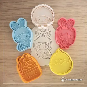 Kawaii Easter Cookie Cutters - Complete Colorful Set of 5: Bunny Boy, Bunny Girl, Chick-in-Egg, Cute Sheep, Adorable Egg Basket.