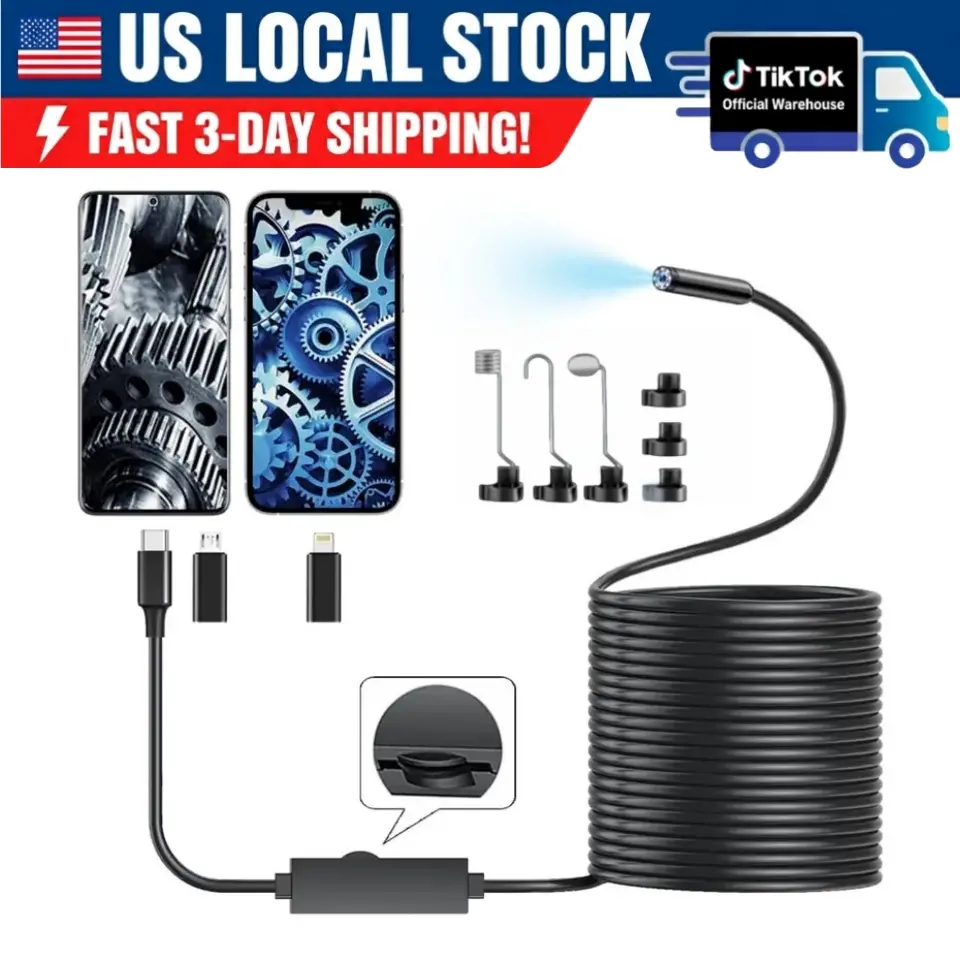 Semi-Rigid Snake Camera, 8 Adjustable LED Lights Automotive Inspection Diagnostic Tool, 16.4 ft Length for iOS and Android Devices, Endoscope Camera