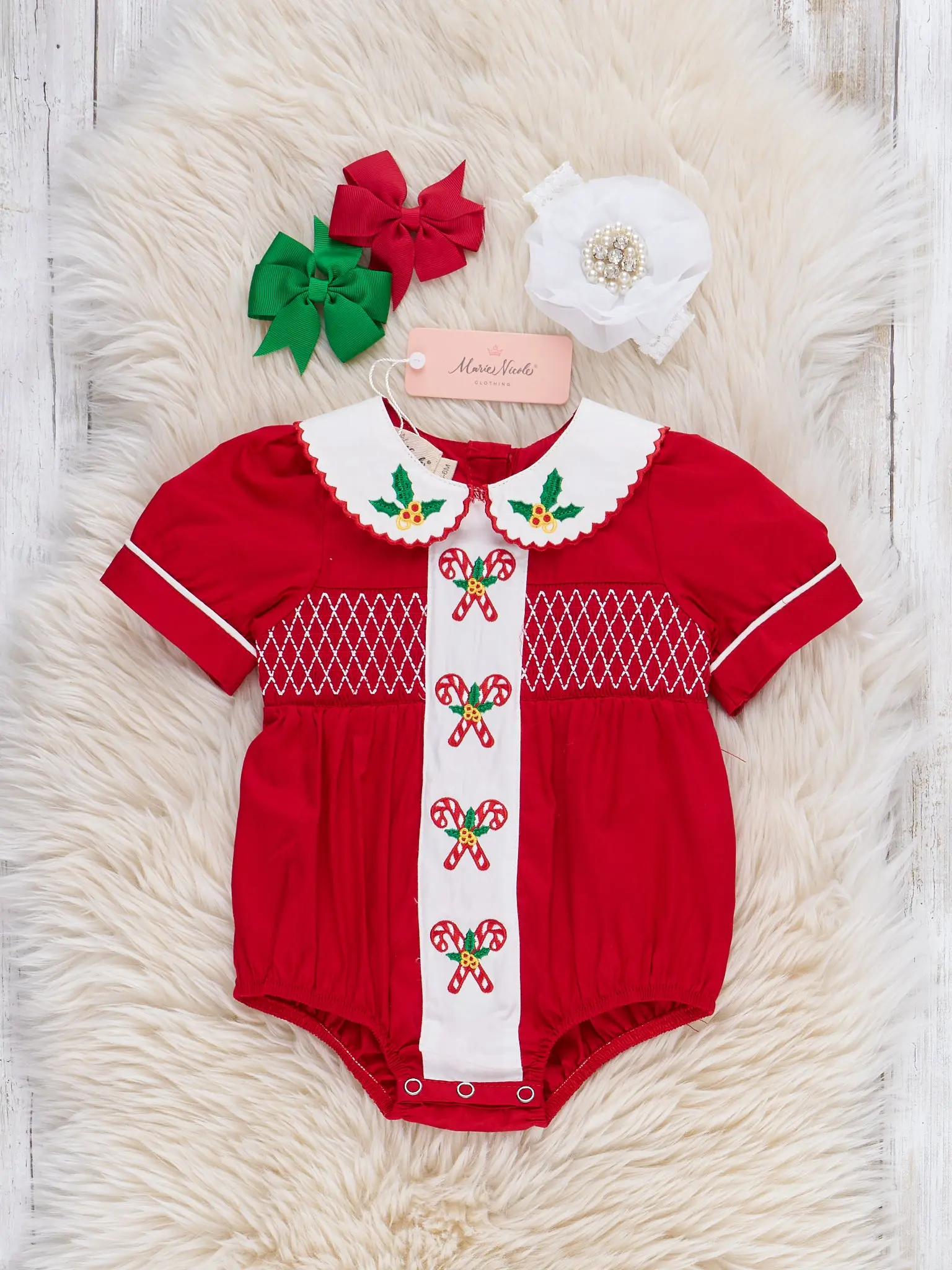Candy Cane Ribbon Smocked Bubble Romper