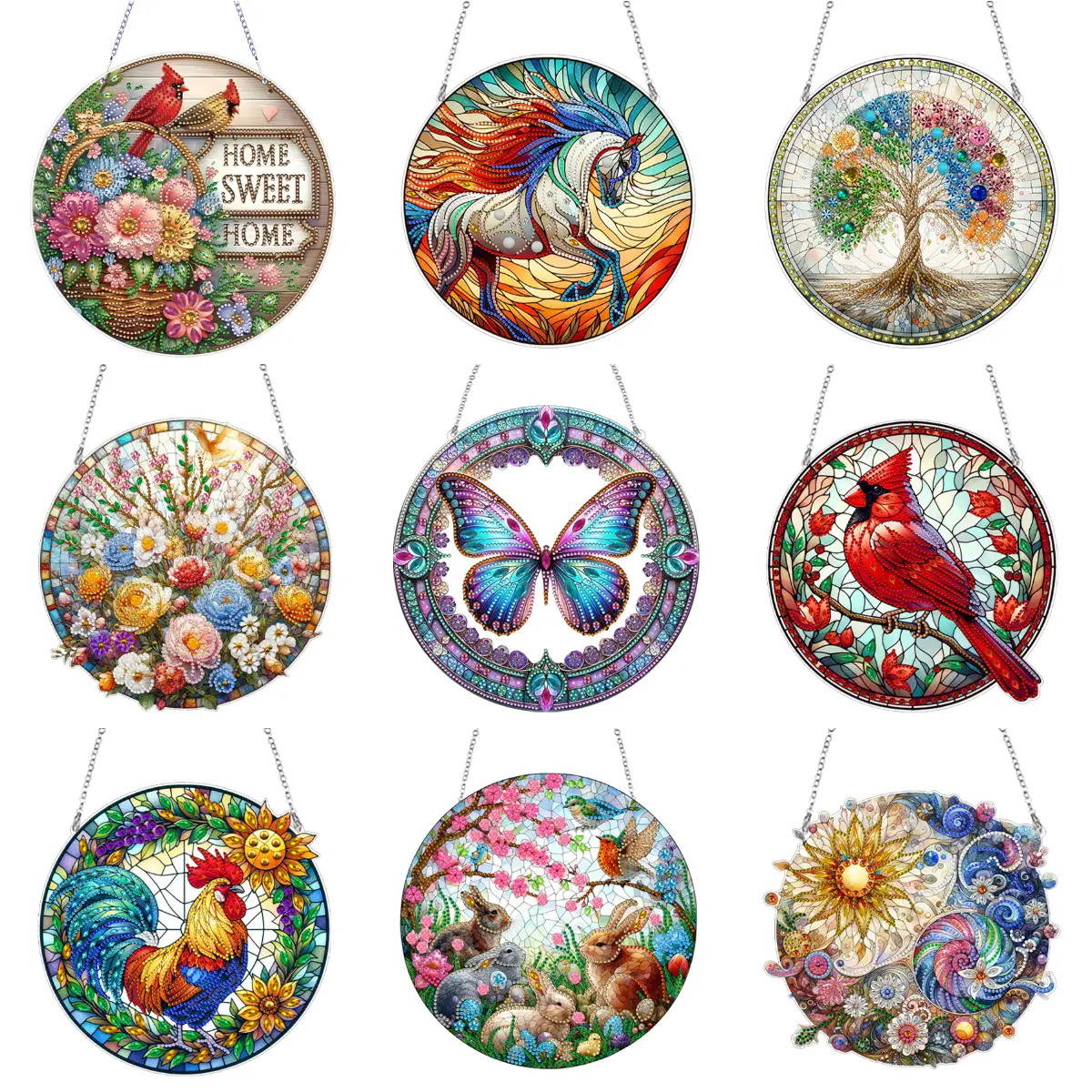 DIY Hanging Suncatcher Stained Glass Colorful Diamond Painting Hanging Pendant Decor Flowers / Rooster / Bird /Life Tree